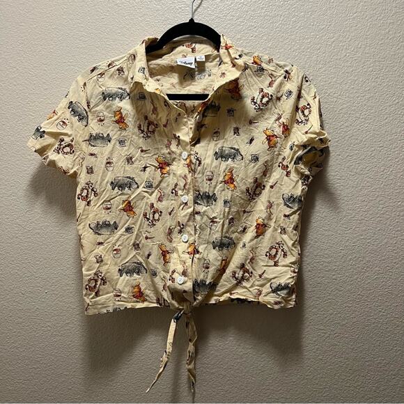 Disney Winnie the Pooh Retro 90s Yellow Short Sleeve Button Front Crop Top Sz XS - Picture 2 of 6